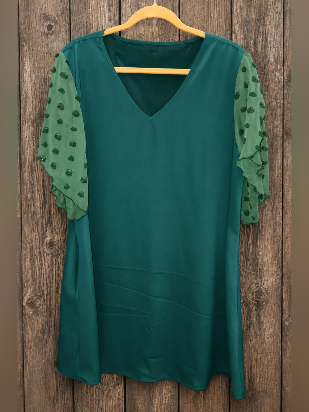 Amazon Emerald Green Midi Dress with Sheer Dot Sleeves